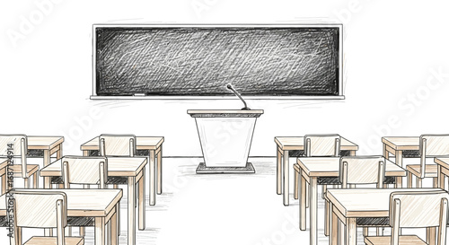 Stylized school classroom interior with chalkboard, podium and desks