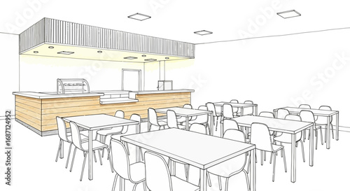 Symmetrical Interior Sketch of a Modern Minimalist Restaurant Dining Area