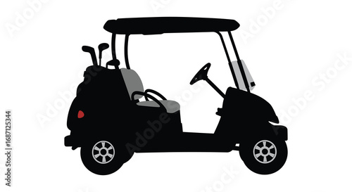a golf cart silhouette with clubs steering wheel and seats