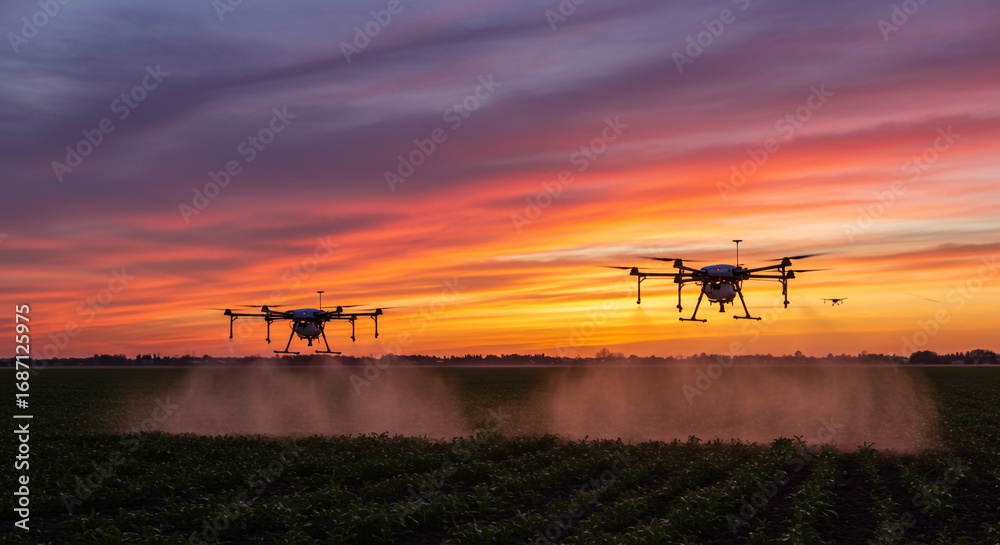Fototapeta premium Modern farming with drones spraying crops at sunset offers efficient agriculture solutions