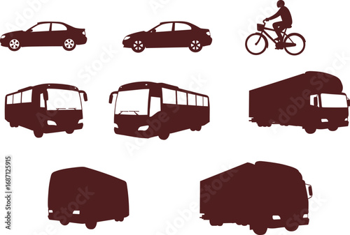 Vehicle silhouettes, car, bus, truck, van, bicycle, transport icons, black graphic set, automotive, delivery, passenger, travel, urban, isolated, commercial, fleet
