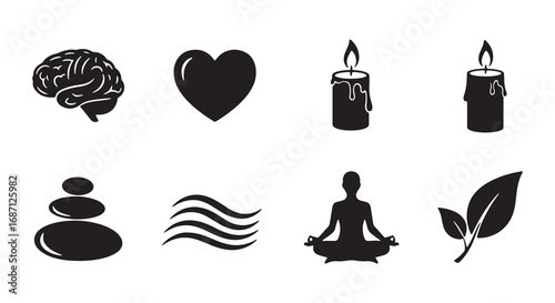 Mind body spirit wellness icons set meditation zen yoga healthcare concepts isolated on white background