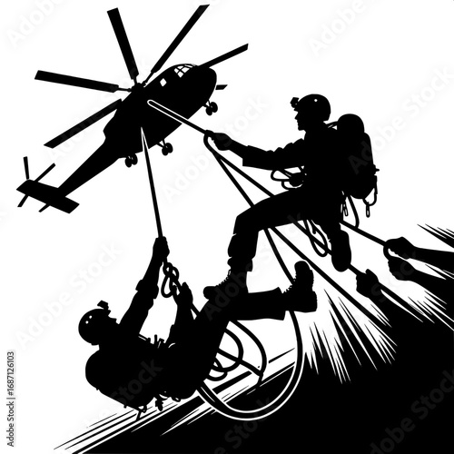 Black and White Vector Silhouette of Rescuer Pulling Rope