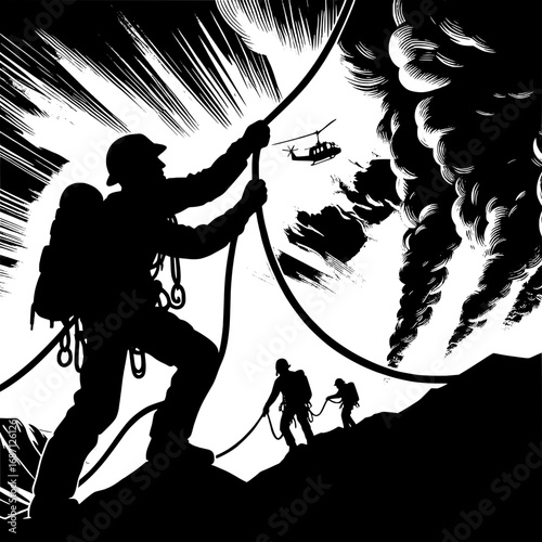Black and White Vector Silhouette of Rescuer Pulling Rope