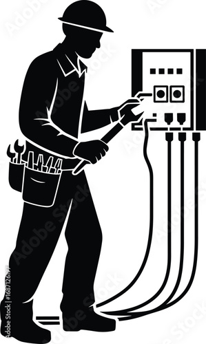 Silhouette of an electrician working on electrical panel with tools, wearing safety helmet, repairing wiring and equipment illustration