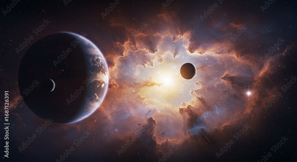 Obraz premium Dramatic deep space nebula scene with planets and stars creates a sense of cosmic wonder and exploration