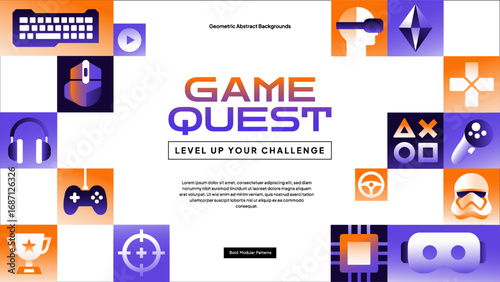 Minimal Game Quest Banner with Gaming Symbols - Clean Vector Design for Online Games and Promotions
