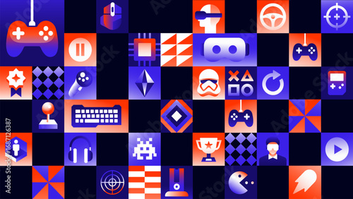 Colorful Gaming Pattern with Controllers, Icons, and Consoles - Bright Vector Background for Game Events