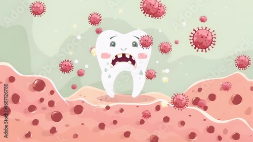 Tooth dental health hygiene concept. A stylized illustration of a tooth with a surprised expression, set against a backdrop of a greenish sky with white clouds.