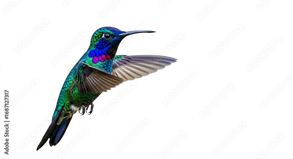 Obraz premium Vibrant Hummingbird in Flight Against White Background