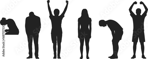 Silhouettes of people showing different emotions and postures, from sadness and fatigue to strength and victory, concept illustration