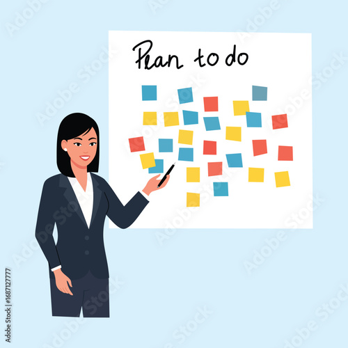 Illustration of a professional woman presenting a work plan with a board full of colorful sticky notes, symbolizing planning, strategy and task management.
