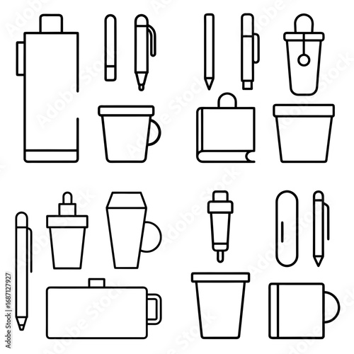 Office Supplies Vector Icon Set – Pen, Notepad, Paperclip, Coffee