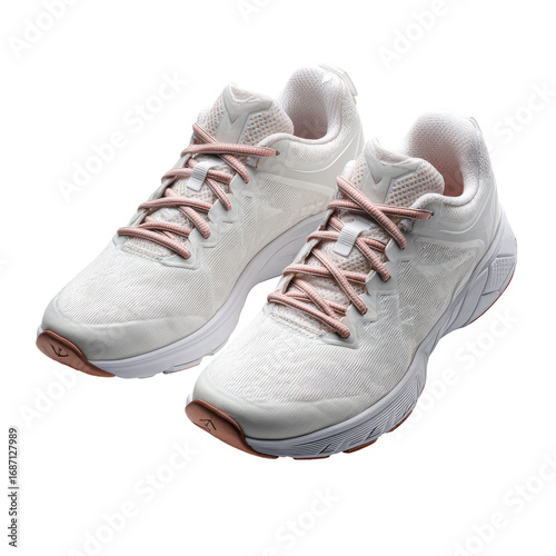 Pair of white running shoes with light rose laces