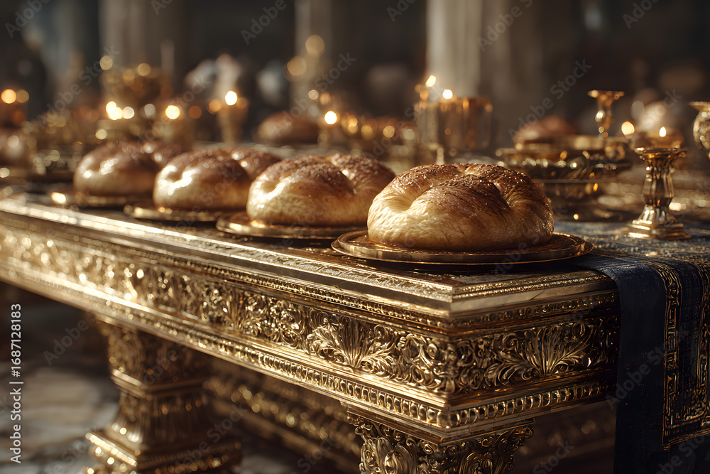 Obraz premium Table of Showbread and the bread of the Presence described in the book of Moses. Exodus, Old Testament. 3d rendering biblical illustration.