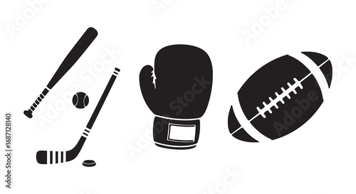 Collection of sports equipment icons for baseball hockey boxing and football isolated on white background