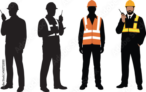 Construction Workers with Radio Communication Silhouettes Vector
