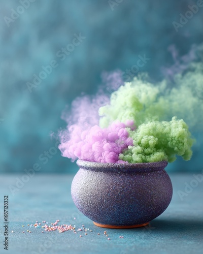 Bubbling Witch's Cauldron with Colorful Smoke, Teal Backdrop, Halloween Decor, Conceptual Illustration