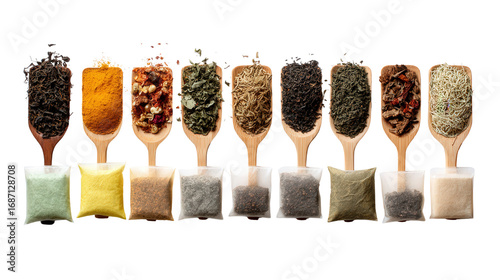 Premium Organic Teas: A flat lay of premium organic teas with loose leaf tea and tea bags, isolated on a Transparent background, PNG file.