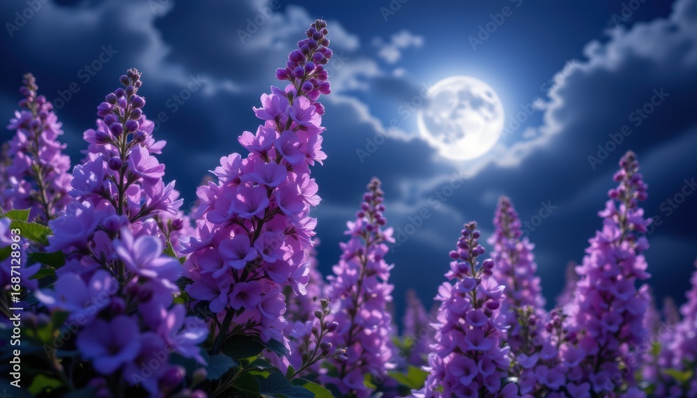 Fototapeta premium pure white tones subject: fabulous purple flowers, glowing magical fern flowers copy space: ample copy space at the bottom for photo use, keywords: flowers, moonlight, lilac