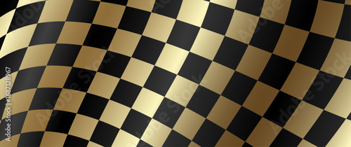 Checkered racing finish line flag. Black and gold checkered background. Fluttering flag. Auto. Premium luxury background for cards, invitation, poster, flyer, luxe invite, prestigious voucher, ads.