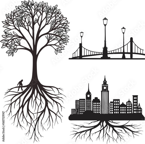 Stylized tree bridge and city skyline roots person
