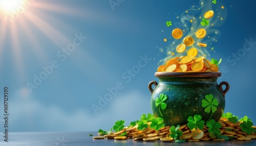 subject: pot of gold coins glowing on st, patricks day holiday, magic pot of green clover for good luck, irish holiday tradition, background: sky blue tones under solar flare