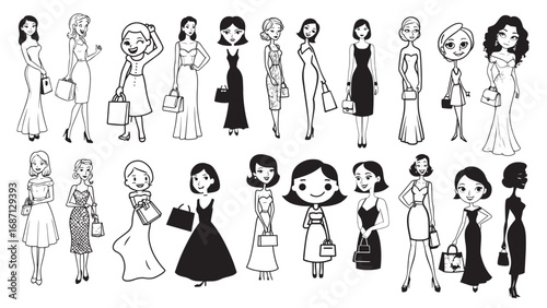 Beautiful Woman Formal Dress Standing Hold Bag Silhouette 2D Cartoon Character Black White Background