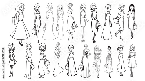 Beautiful Woman Formal Dress Standing Hold Bag Silhouette 2D Cartoon Character Black White Background