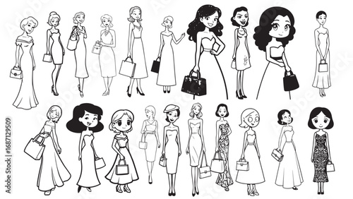 Beautiful Woman Formal Dress Standing Hold Bag Silhouette 2D Cartoon Character Black White Background