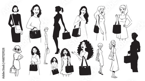 Beautiful Woman Standing Hold Bag Silhouette Black and White Vector Illustration on White Background