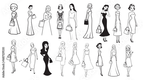 Beautiful Woman Formal Dress Standing Hold Bag Silhouette 2D Cartoon Character Black White Background