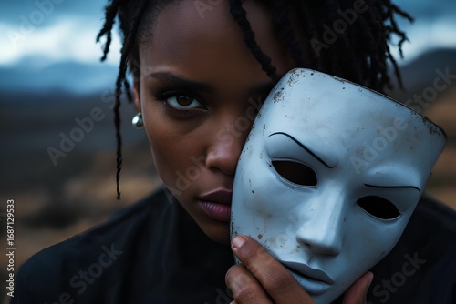 Woman holding a mysterious white mask, looking intensely at the viewer with determination