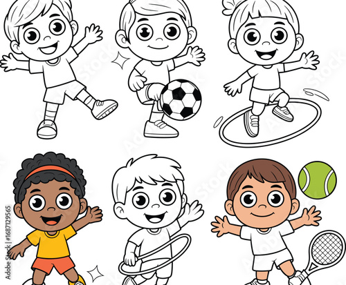 Black and white line art of happy children playing sports, hula hooping, jumping rope, soccer, tennis, and throwing frisbee