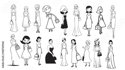 Beautiful Woman Formal Dress Standing Hold Bag Silhouette 2D Cartoon Character Black White Background