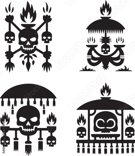Four Stylized Black Silhouettes of Skull and Flame Themed Decorative Objects skeleton fire