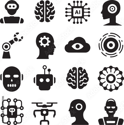 Collection of Icons Representing Artificial Intelligence and Robotics brain