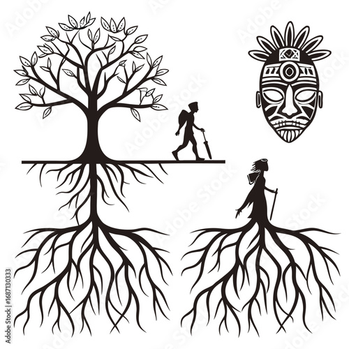 Stylized tree roots with figures and mask branches
