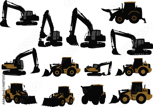 Colorful construction machinery vector silhouettes, excavators, loaders, tractors, heavy equipment illustrations for industrial design, engineering, building, and infrastructure projects