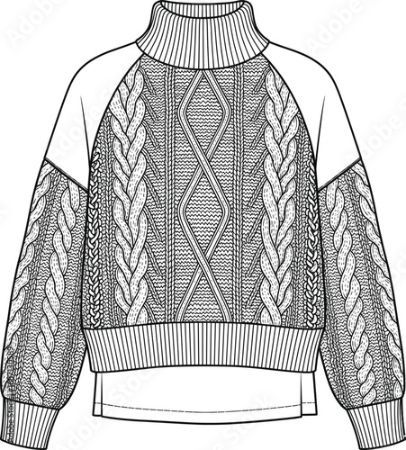 Wallpaper Mural Cable knit sweater flat sketch with high neck, long sleeves, ribbed cuffs and hem, detailed knitting pattern, fashion apparel design Torontodigital.ca