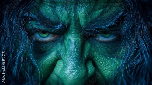 Halloween witch face with green skin, intense eyes, dramatic makeup, and wild hair creating mysterious and eerie atmosphere, perfect for halloween celebration, fantasy, and horror themed events