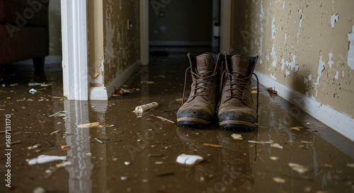 Flood damage with boots in flooded home shows devastation after a hurricane, a powerful reminder