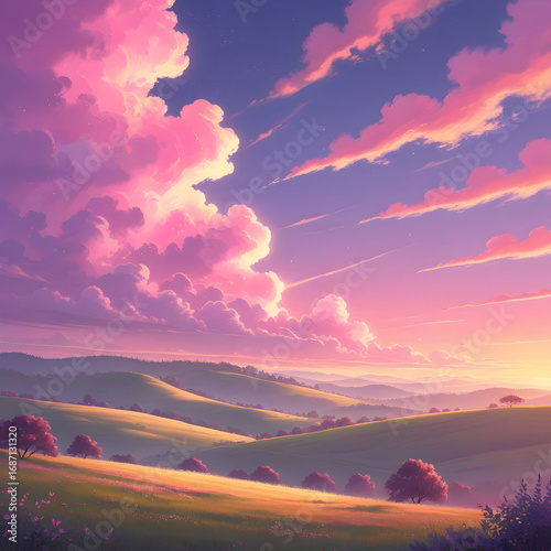 Pink Sunset Landscape: Serene Rolling Hills & Dreamy Cloudscape