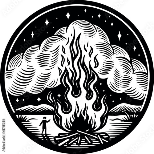 A solitary figure observes a blazing bonfire under a starry sky flames wood