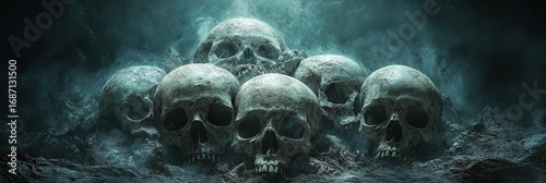 A dark and eerie arrangement of skulls partially submerged in shadowy water, creating a haunting and atmospheric scene.