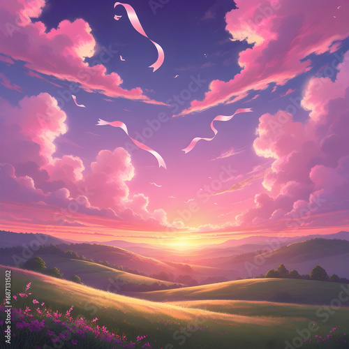 Pink Sunset Landscape: Serene Rolling Hills and Dreamy Sky