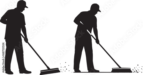 Janitor Sweeping Floor Silhouettes Vector