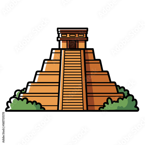 Illustration of a stepped pyramid with a temple on top, surrounded by green shrubbery.