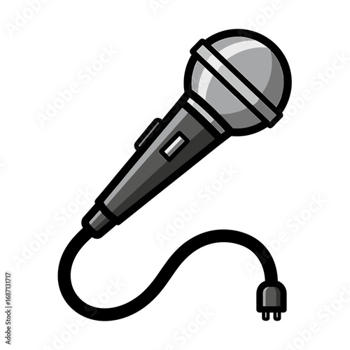A stylized illustration of a classic microphone with a cable and plug.