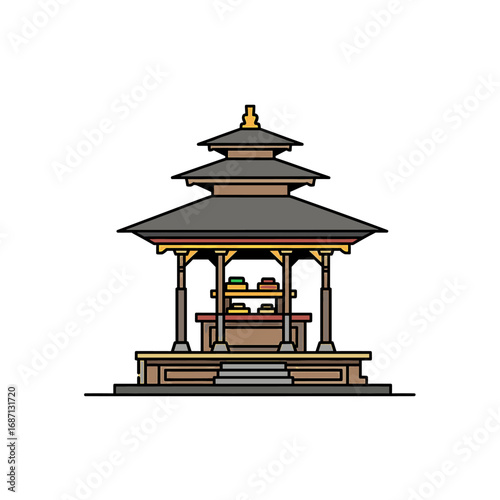 Illustration of a traditional Balinese shrine or pavilion with offerings on a table, featuring a tiered roof.